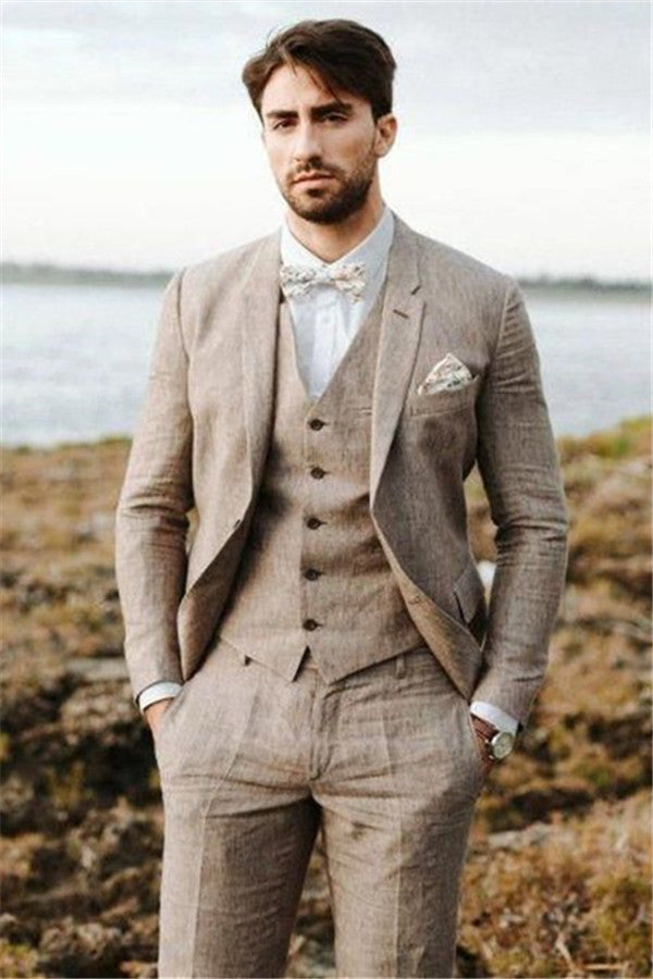 Well-cut Khaki Linen Summer Beach Mens Suits Groom Wedding Tuxedos