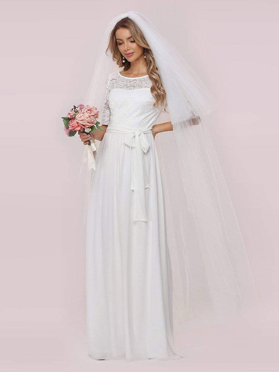 White Casual Wedding Dress Chiffon Jewel Neck Short Sleeves Sash A-Line Long Bridal Gowns-showprettydress