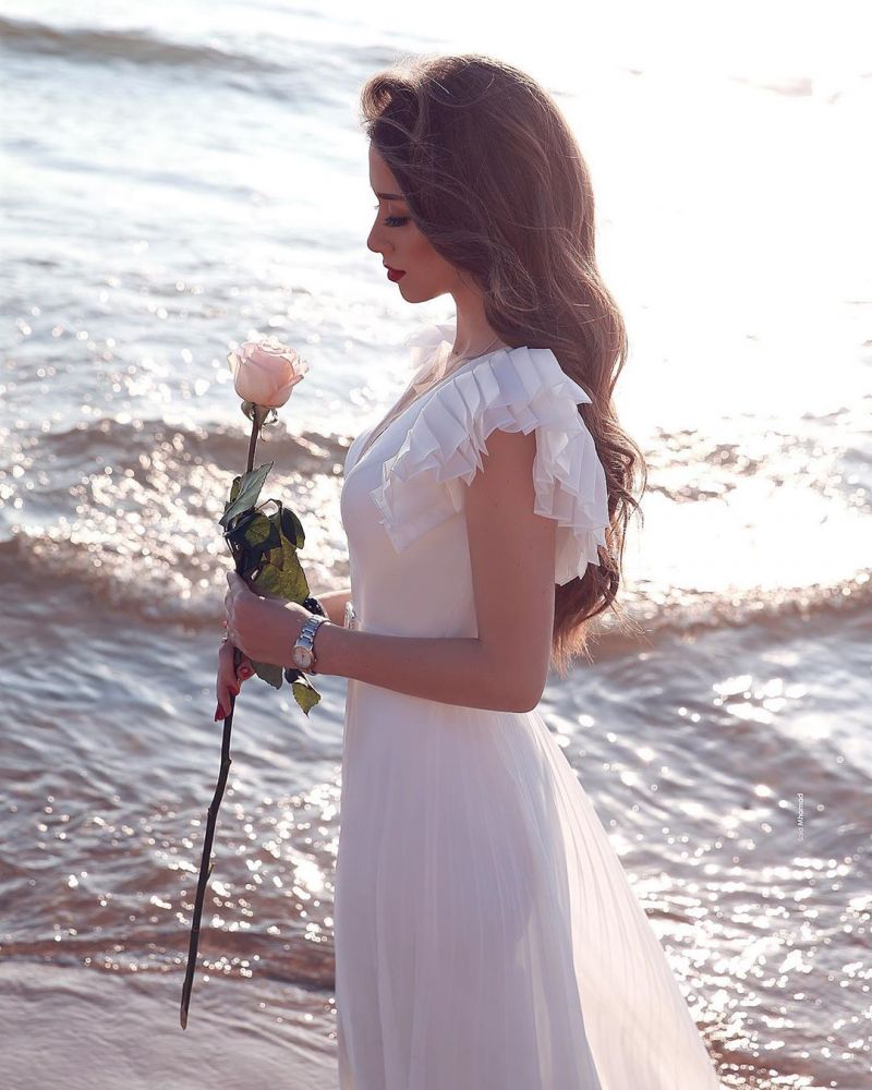 White Chiffon Ruffless Sleeves V neck Summer Beach Wedding Dress-showprettydress