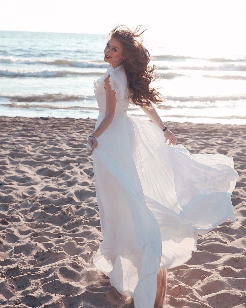 White Chiffon Ruffless Sleeves V neck Summer Beach Wedding Dress-showprettydress