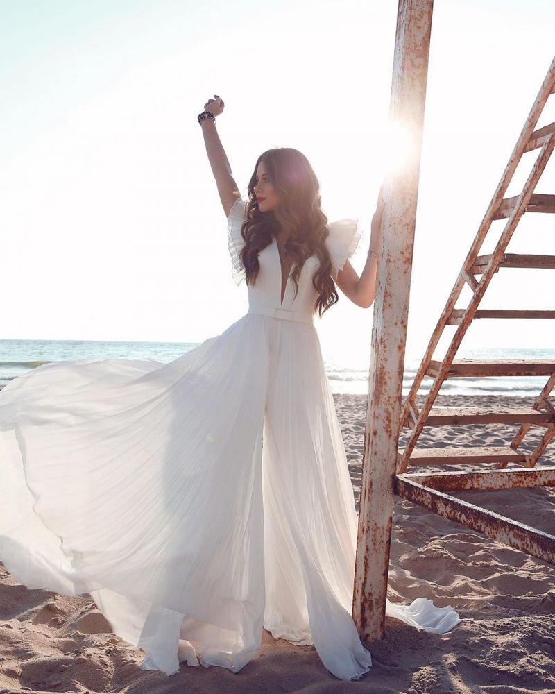 White Chiffon Ruffless Sleeves V neck Summer Beach Wedding Dress-showprettydress