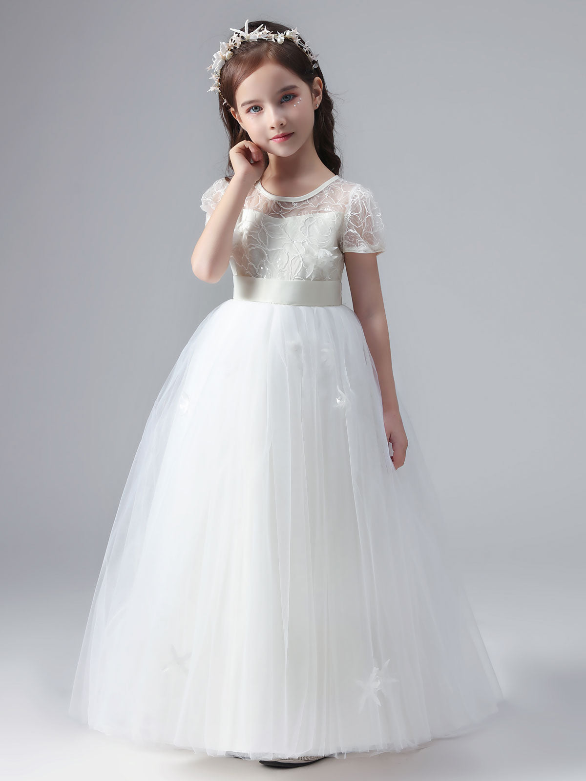 White Jewel Neck Short Sleeves Flowers Embellishment Tulle Lace Kids Social Party Dresses-showprettydress