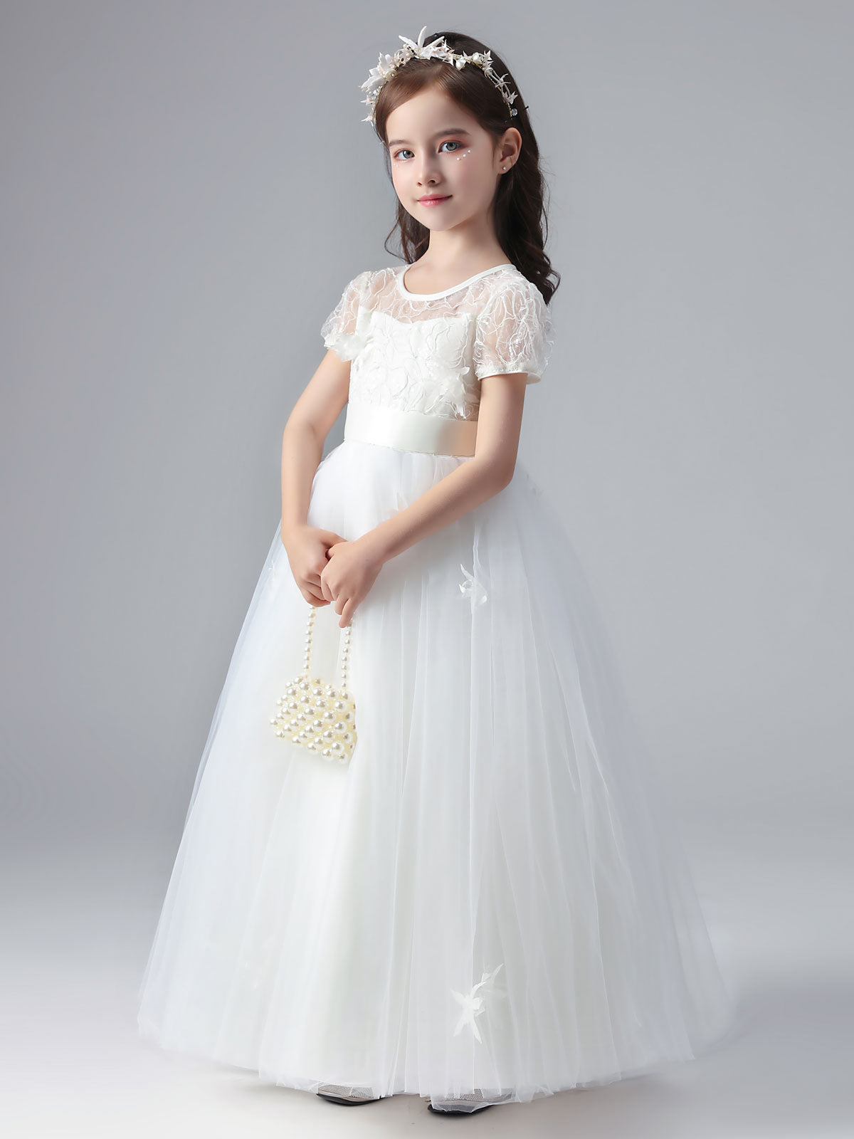 White Jewel Neck Short Sleeves Flowers Embellishment Tulle Lace Kids Social Party Dresses-showprettydress