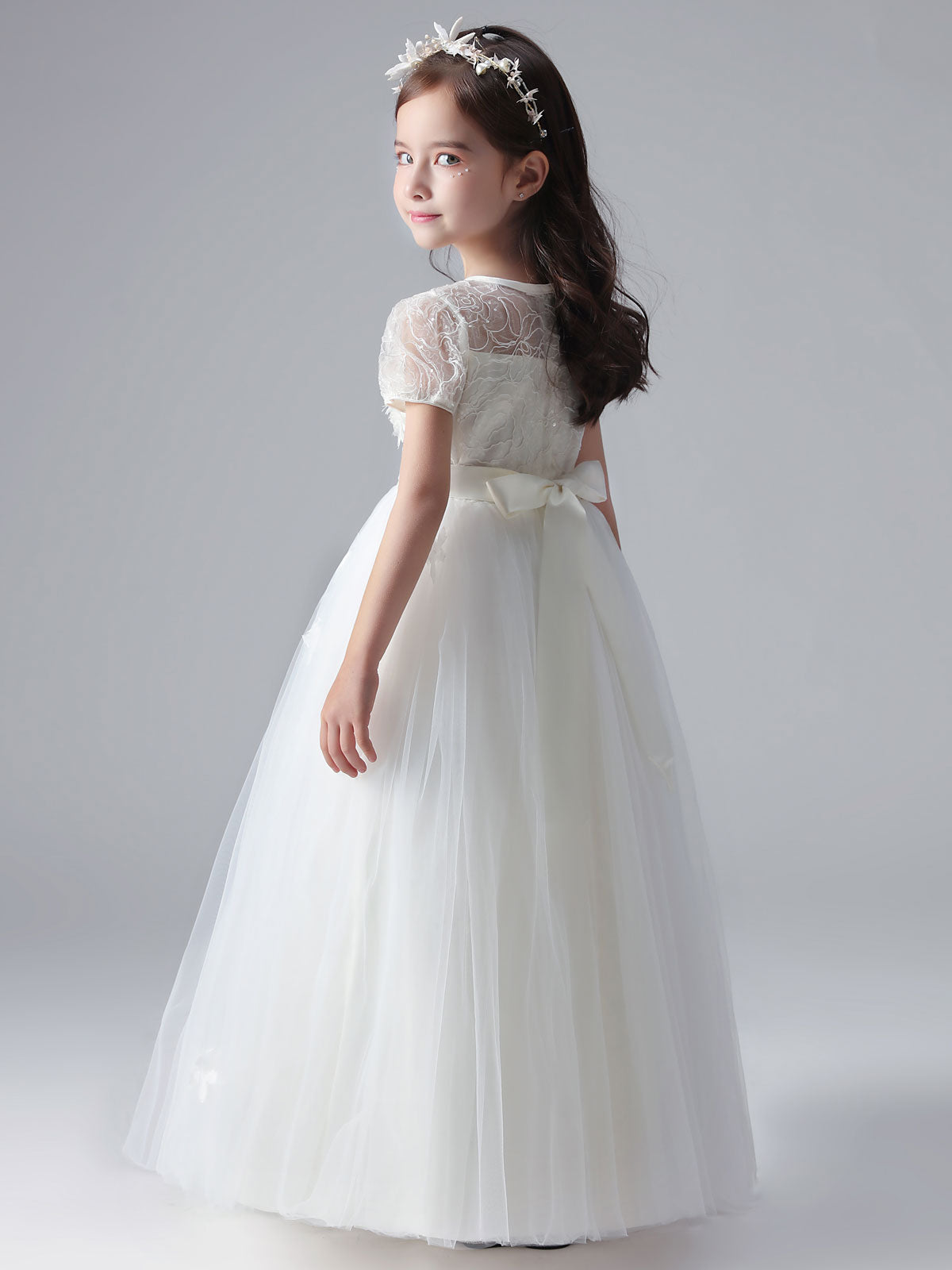 White Jewel Neck Short Sleeves Flowers Embellishment Tulle Lace Kids Social Party Dresses-showprettydress