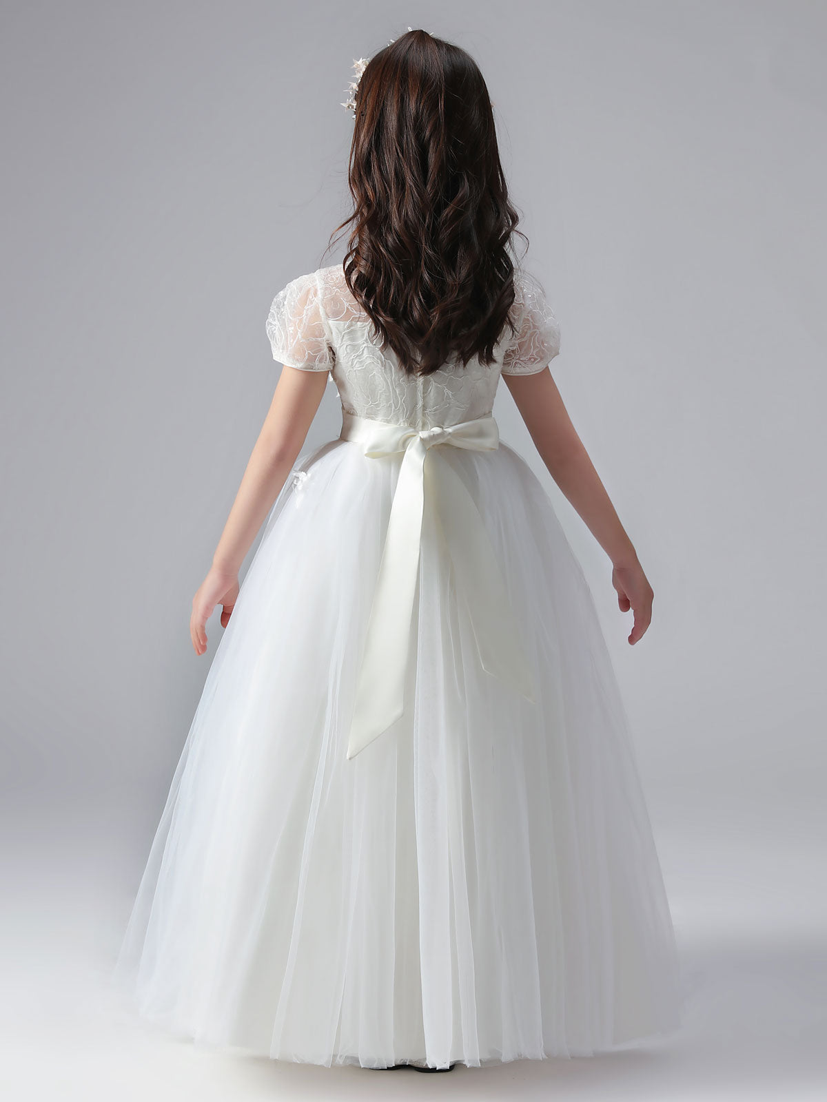 White Jewel Neck Short Sleeves Flowers Embellishment Tulle Lace Kids Social Party Dresses-showprettydress