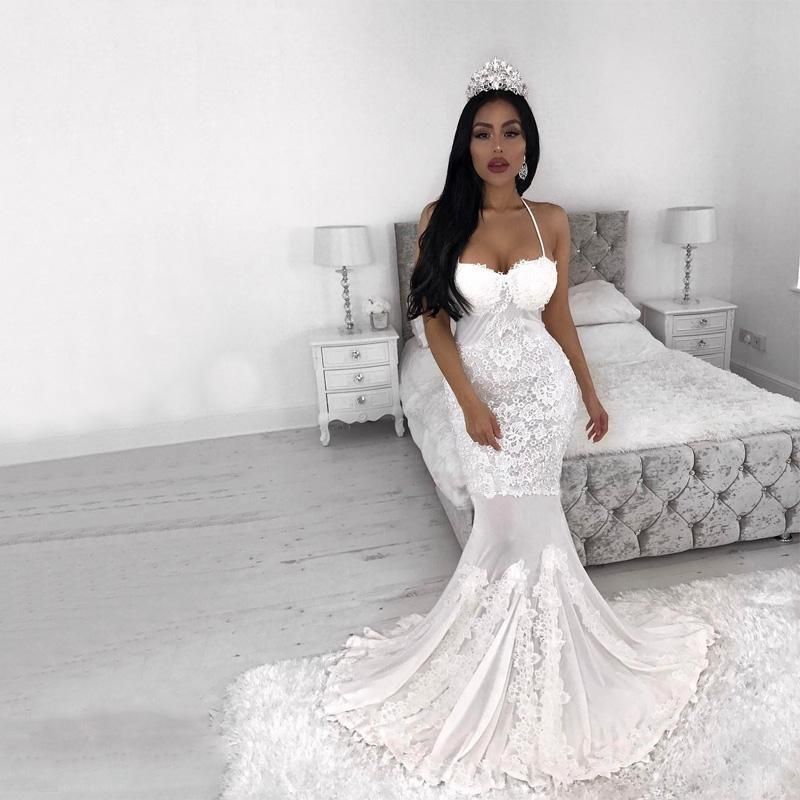 White Lace Appliques Spaghetti Strap Wedding Dress New Arrival Bridal Gown-showprettydress