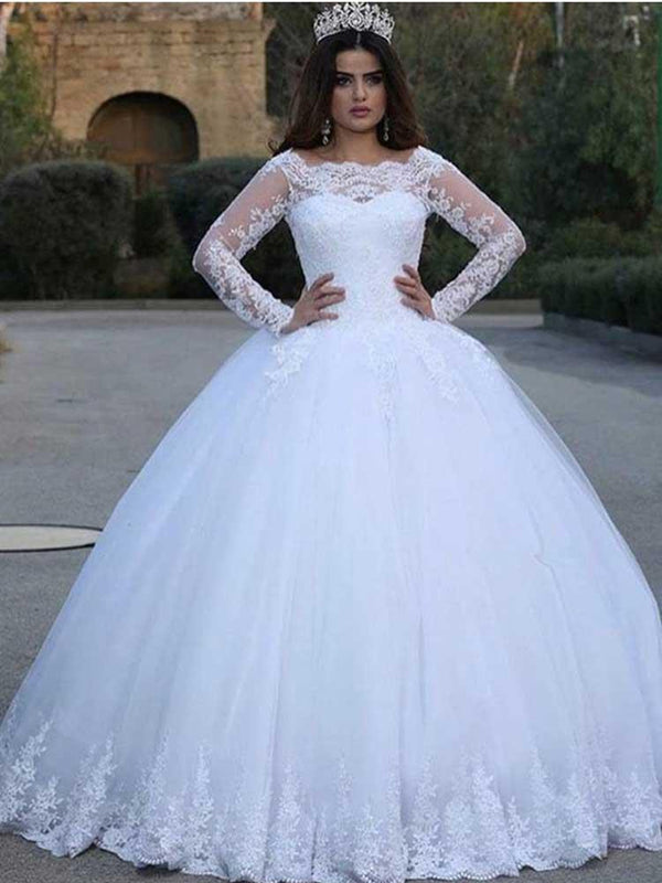 White Long A-line Lace Appliques Tulle Wedding Dresses with Sleeves-showprettydress