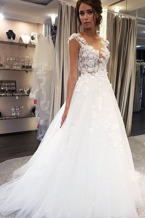 White Long A-line Tulle Lace Appiliques Wedding Dresses-showprettydress