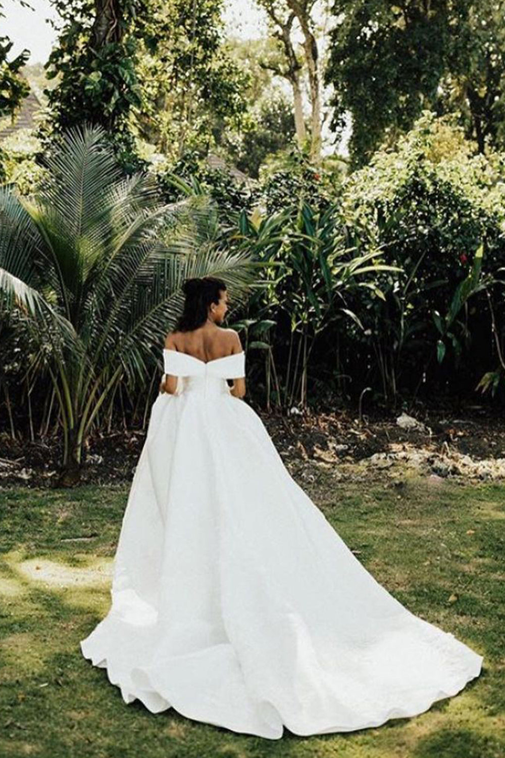 White Long Ball Gown Off The Shoulder Satin Wedding Dress-showprettydress