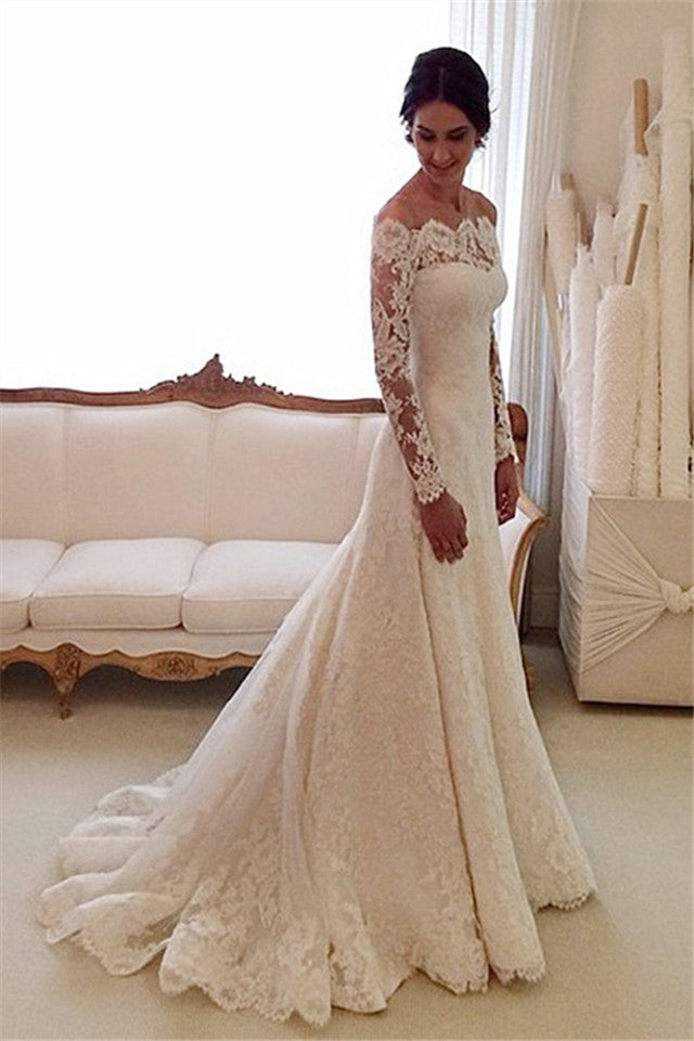 White Off the shoulder Lace Long Sleeves Bridal Gowns Sheath Simple Custom Made Wedding Dresses-showprettydress
