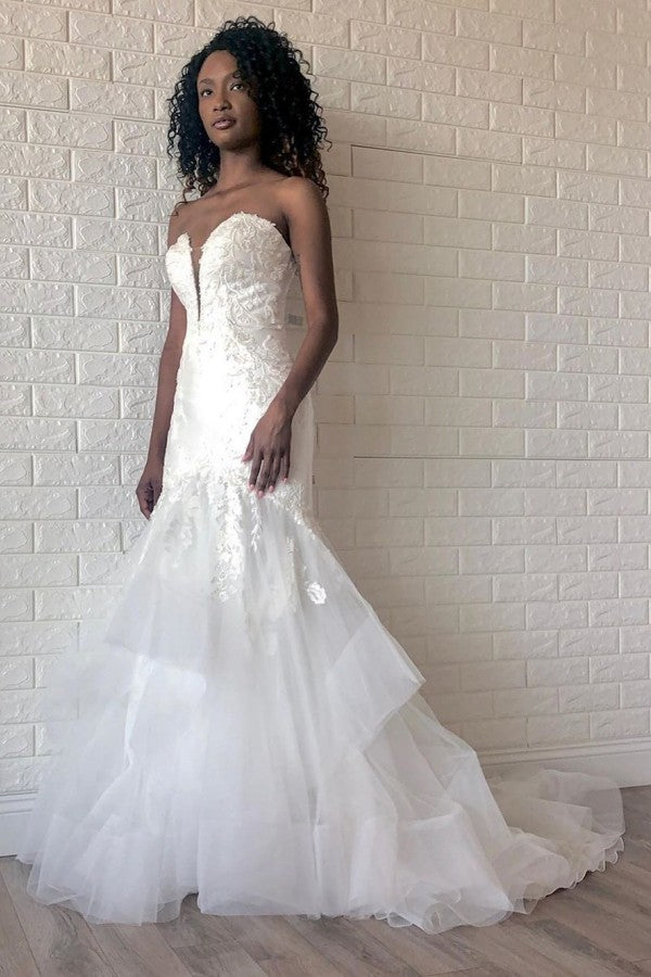 White Sweetheart Mermaid Spring Wedding Dress with Multi Layers-showprettydress