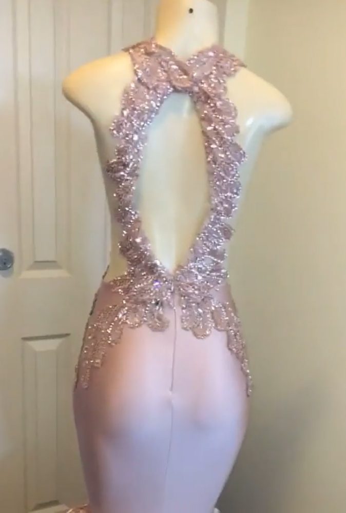 Wholesale Open Back Pink Fit and Flare Prom Dresses Real Model Series Sleeveless Appliques Graduation Dresses On Sale-showprettydress