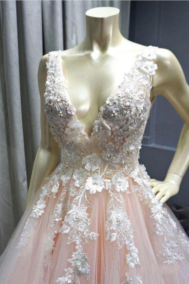 Wide Straps V-neck Tulle Pink Prom Dress Applique Long-showprettydress