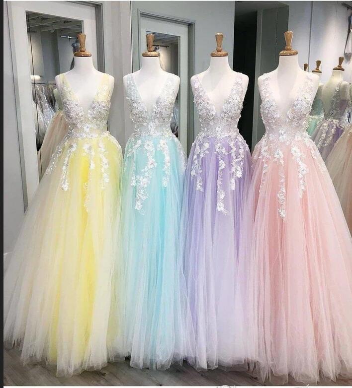 Wide Straps V-neck Tulle Pink Prom Dress Applique Long-showprettydress