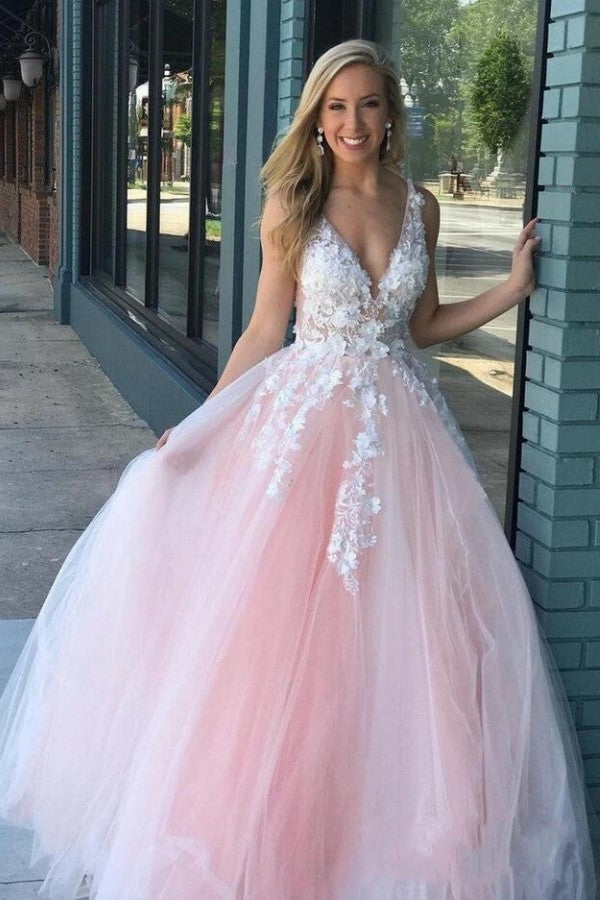 Wide Straps V-neck Tulle Pink Prom Dress Applique Long-showprettydress
