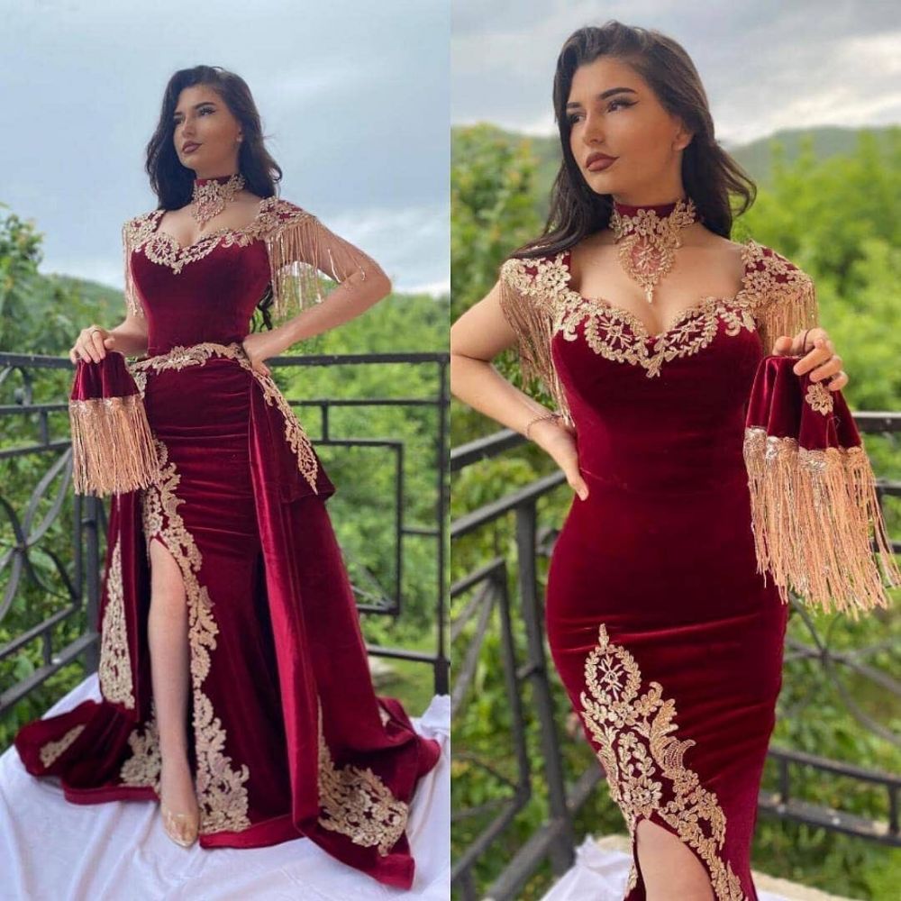 Wine red evening dresses long Yellow Floral Appliques Velvet evening wear-showprettydress