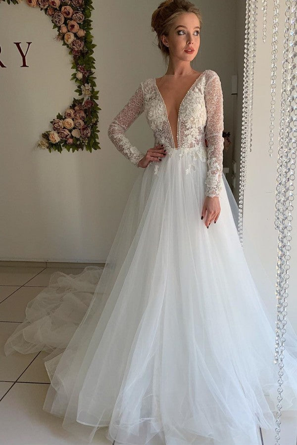 Winter Warm Long Sleevess V neck White Tulle Princess Wedding Dress Winter Warm Long Sleevess V neck White Tulle Princess Wedding Dress