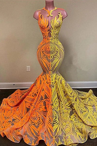 Yellow And Orange Long Mermaid Lace Formal Prom Dresses-showprettydress