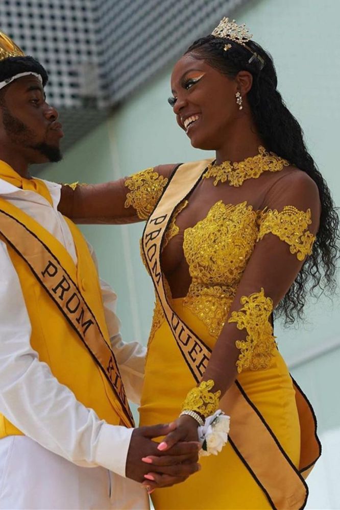 Yellow Long Sleeves Mermaid Prom Gowns Sweep Train Appliques-showprettydress