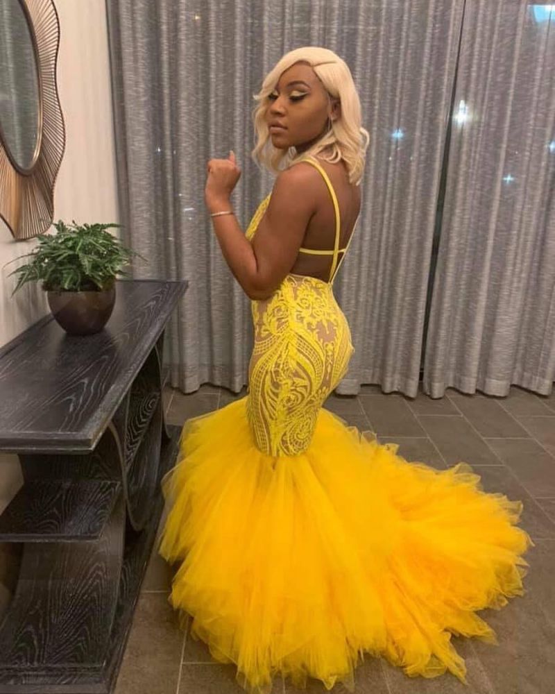 Yellow Mermaid Lace Puffy Tulle Open back Long Prom Party Gowns-showprettydress