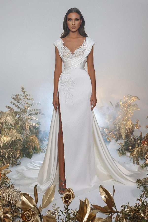 Long Mermaid Sweetheart Satin Lace Wedding Dresses with Slit - Showprettydress