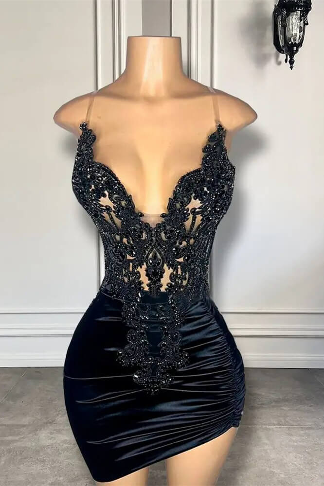 Black Short Spaghetti Straps V-neck Sleeveless Lace Prom Dresses-showprettydress