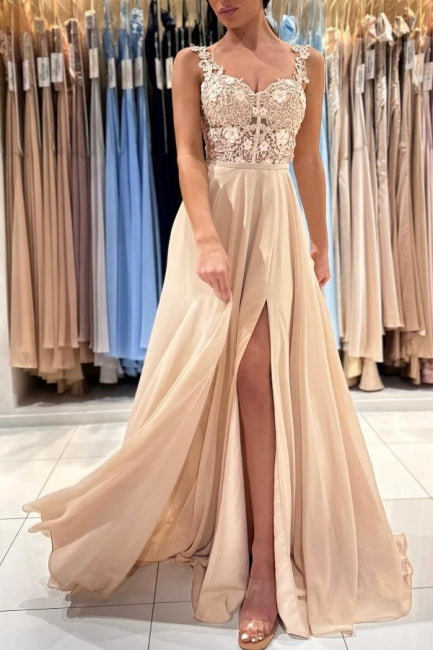 Chic Champagne Long A-line Sleeveless Chiffon Lace Prom Dress With Slit-showprettydress