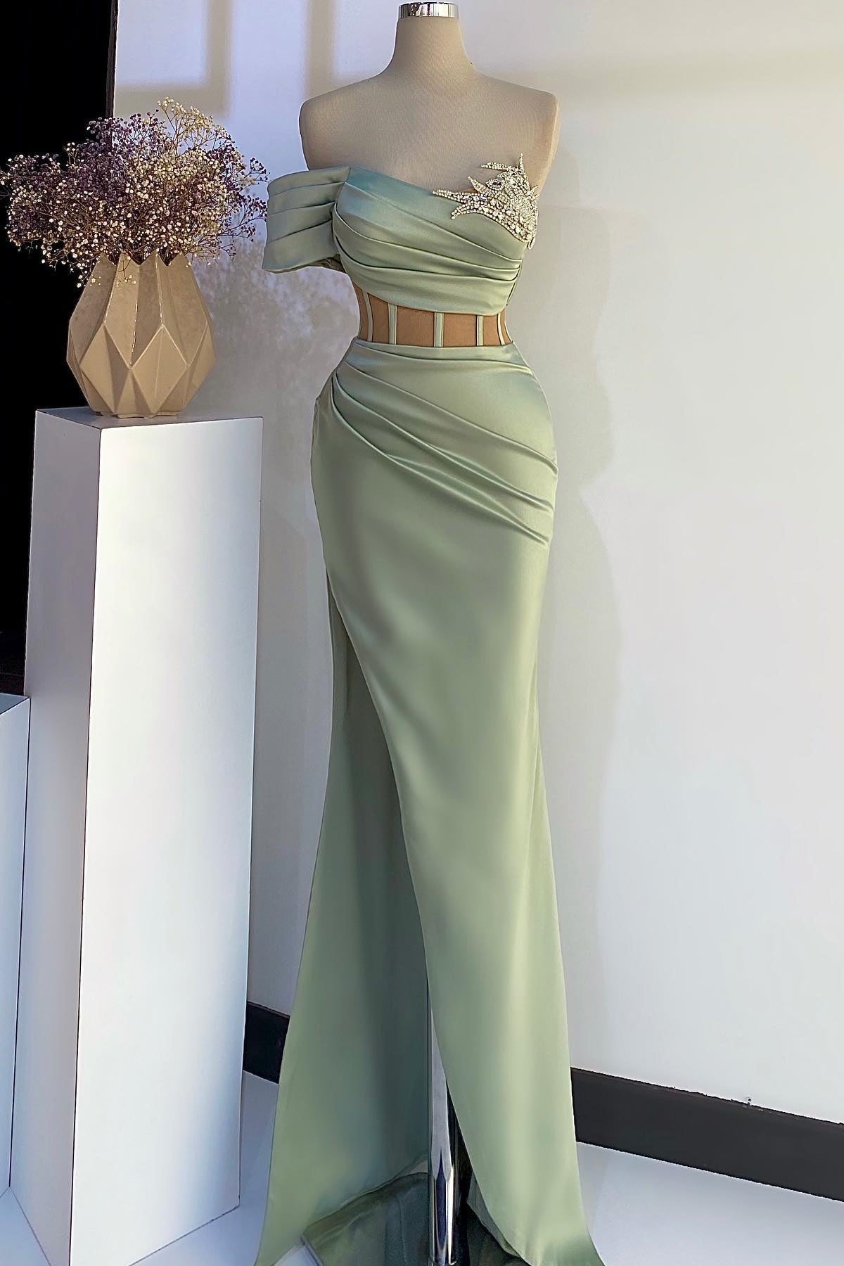 Dusty Sage Long Off-the-Shoulder Mermaid Prom Dress with Slit-showprettydress