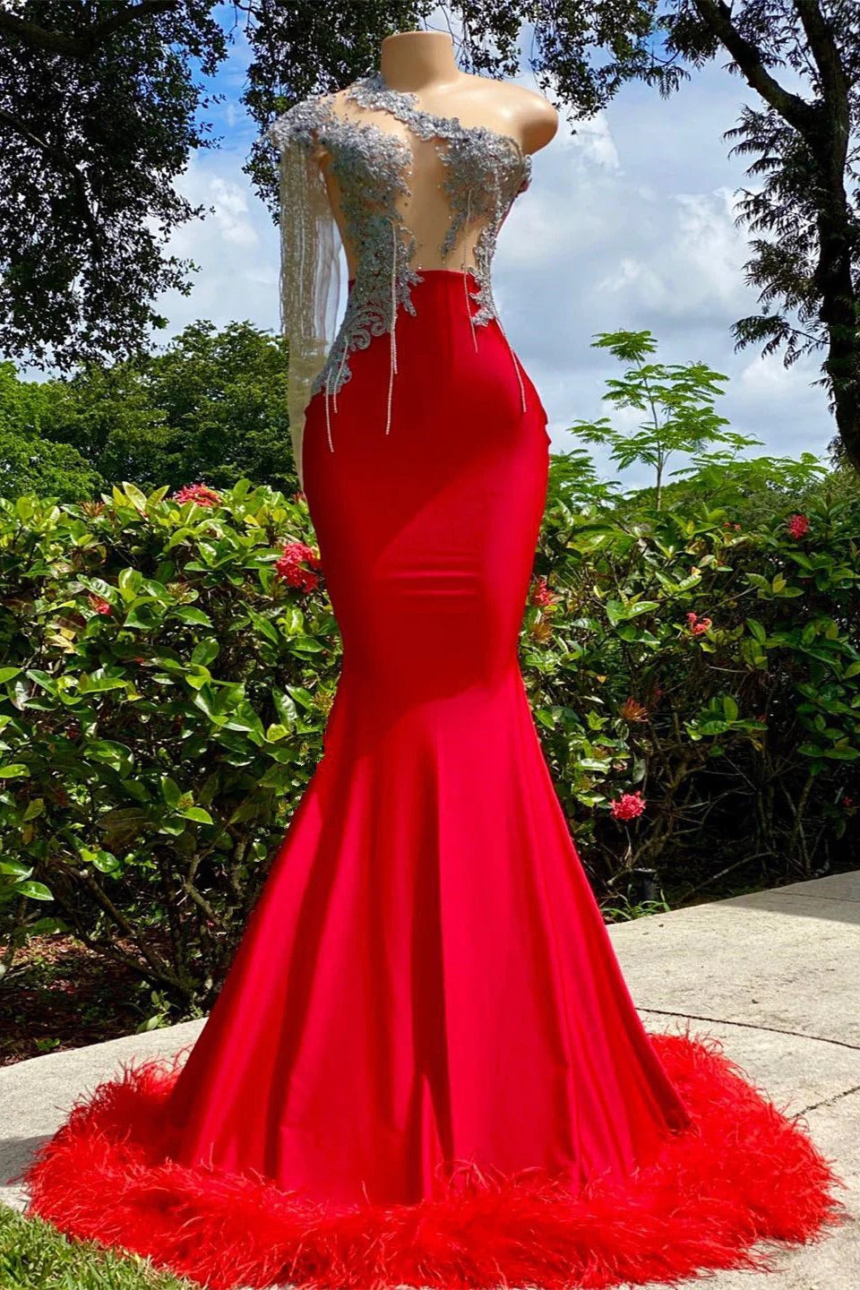 Long Mermaid Asymmetrical Appliques Lace Sequined Open Back One Shoulder Prom Dress With Feather-showprettydress