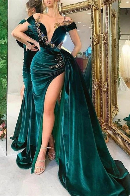 Off-shoulder Sleeveless Mermaid Evening Prom Dresses with Lace Appliques and Split Ruffles main image 1