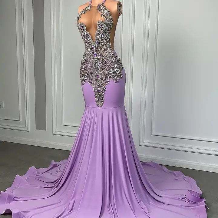 Long Mermaid Sleeveless Halter V-neck Prom Dress With Beadings-showprettydress