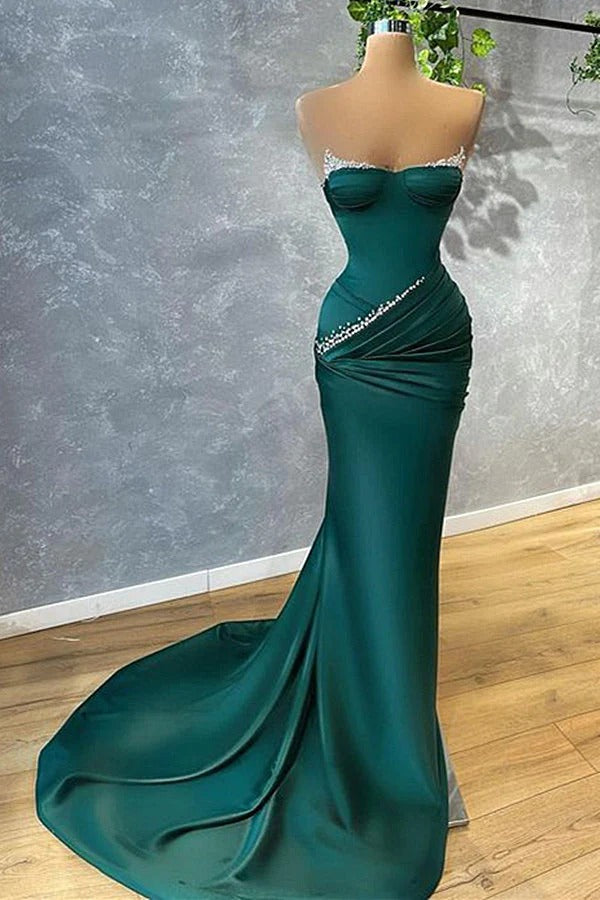 Long Mermaid Strapless Satin Sleeveless Open Back Prom Dress-showprettydress