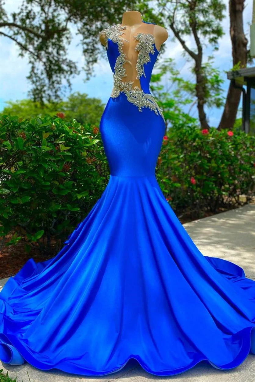 Long Mermaid V-neck Appliques Lace Sequined Open Back Sleeveless Prom