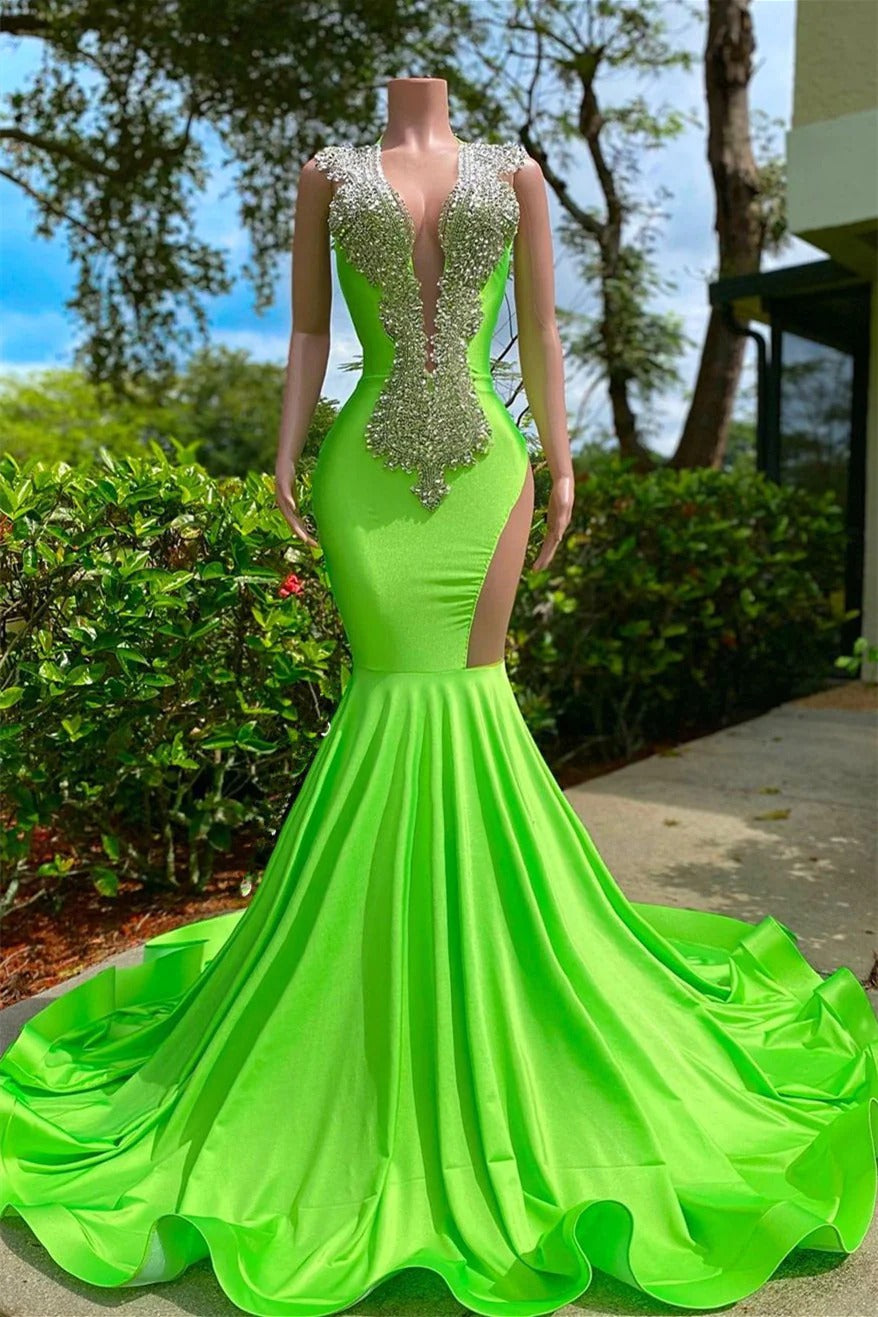 Long Mermaid V-neck Sequined Open Back Lace Beading Prom Dress-showprettydress