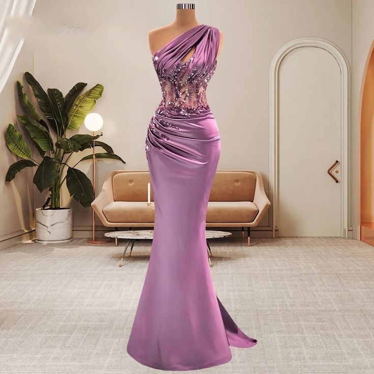 Long One Shoulder Satin Mermaid Prom Dress with Beads-showprettydress