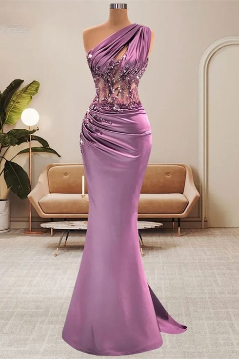 Long One Shoulder Satin Mermaid Prom Dress with Beads-showprettydress