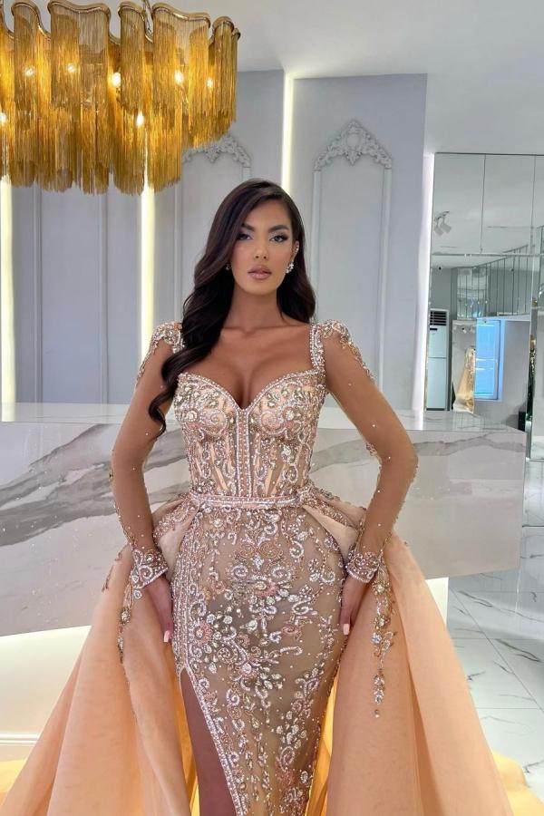 Long Sleeves Mermaid Sweetheart Tulle Front Slit Prom Dresses With Detachable Train-showprettydress