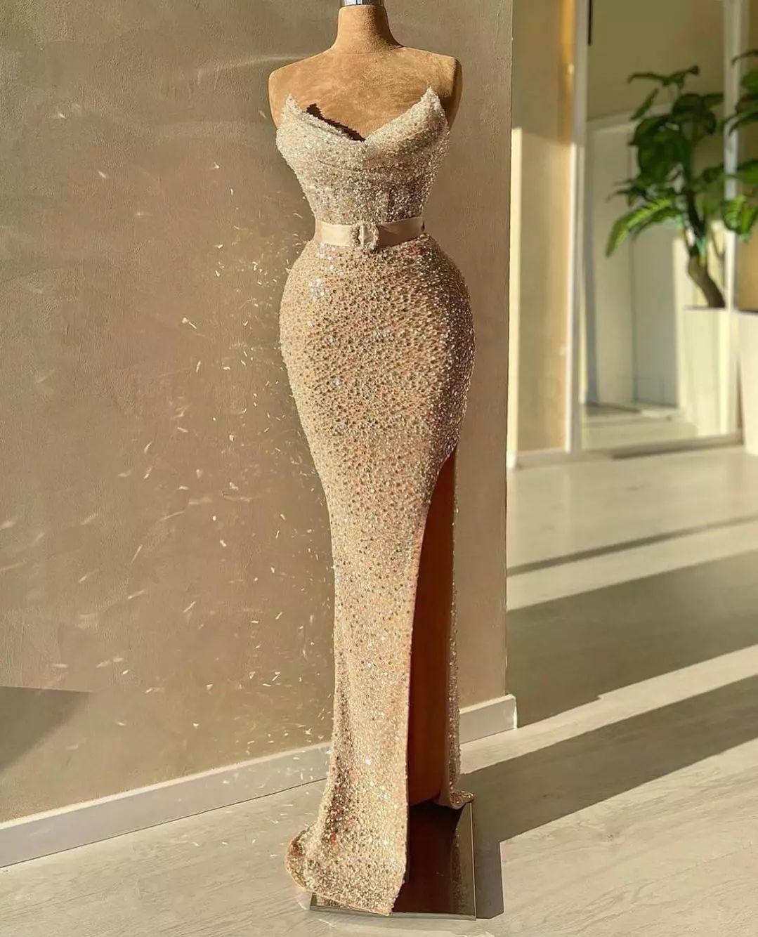 Long Strapless Sweetheart Mermaid Sequins Prom Dress with Slit-showprettydress