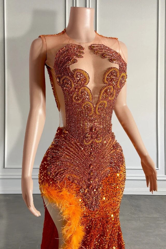 Mermaid Long Beadings Feathers Sequins Prom Dress with Side Slit-showprettydress