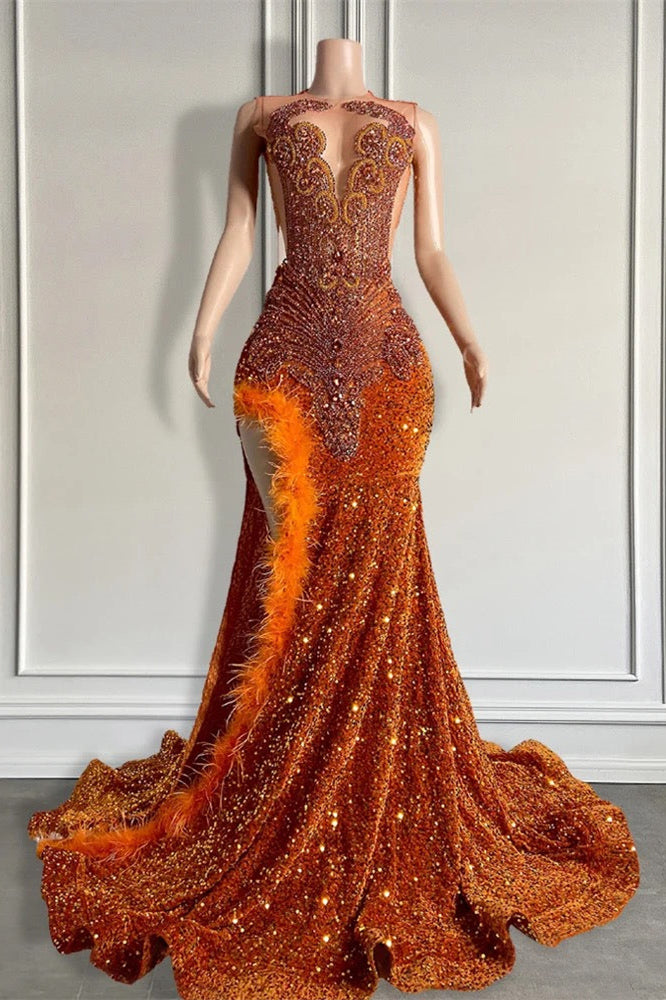 Mermaid Long Beadings Feathers Sequins Prom Dress with Side Slit-showprettydress