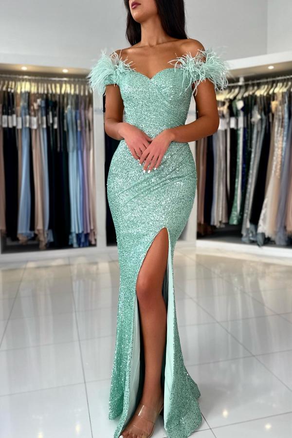 Mermaid Off-the-Shoulder Sequined Fur Long Prom Dresses with Split-showprettydress