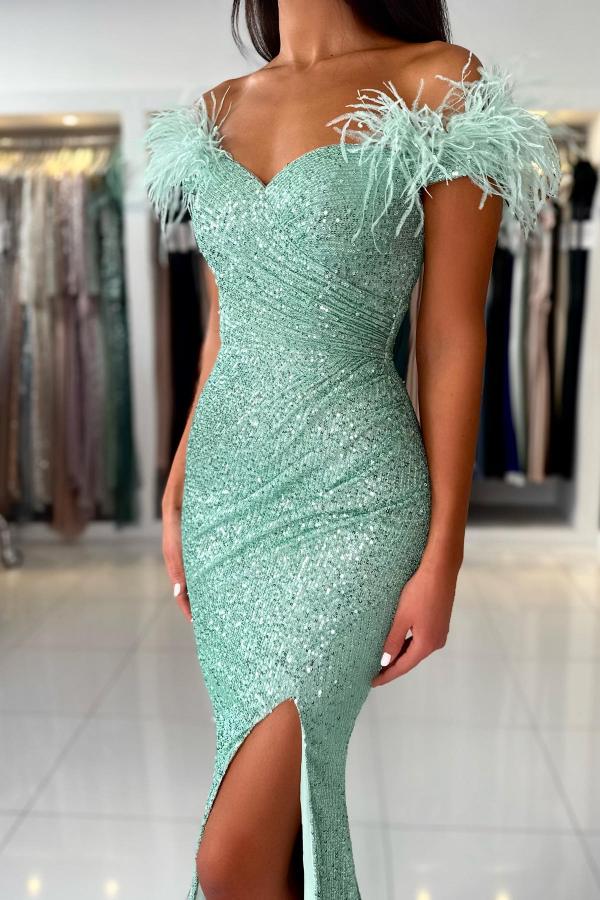 Mermaid Off-the-Shoulder Sequined Fur Long Prom Dresses with Split-showprettydress