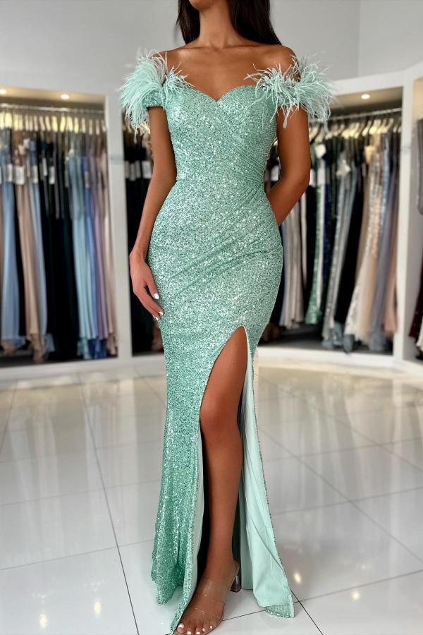 Mermaid Off-the-Shoulder Sequined Fur Long Prom Dresses with Split-showprettydress