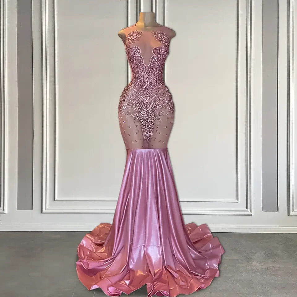 Pink Long Sleeveless Satin Lace Mermaid Prom Dress-showprettydress