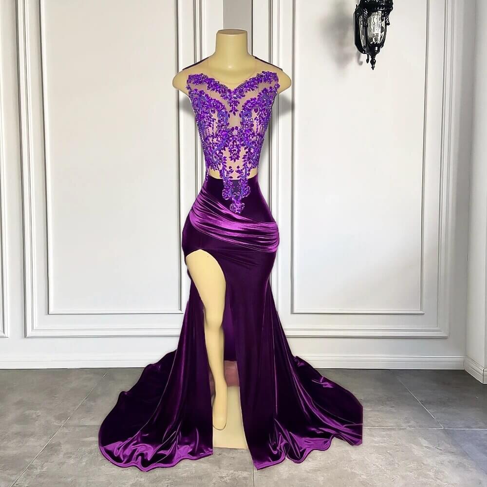 Purple Long Velvet Sleeveless Appliques Mermaid Prom Dress with Split-showprettydress