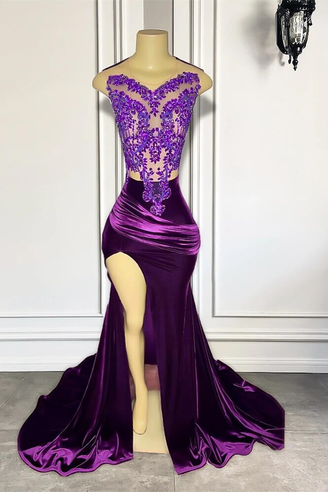 Purple Long Velvet Sleeveless Appliques Mermaid Prom Dress with Split-showprettydress