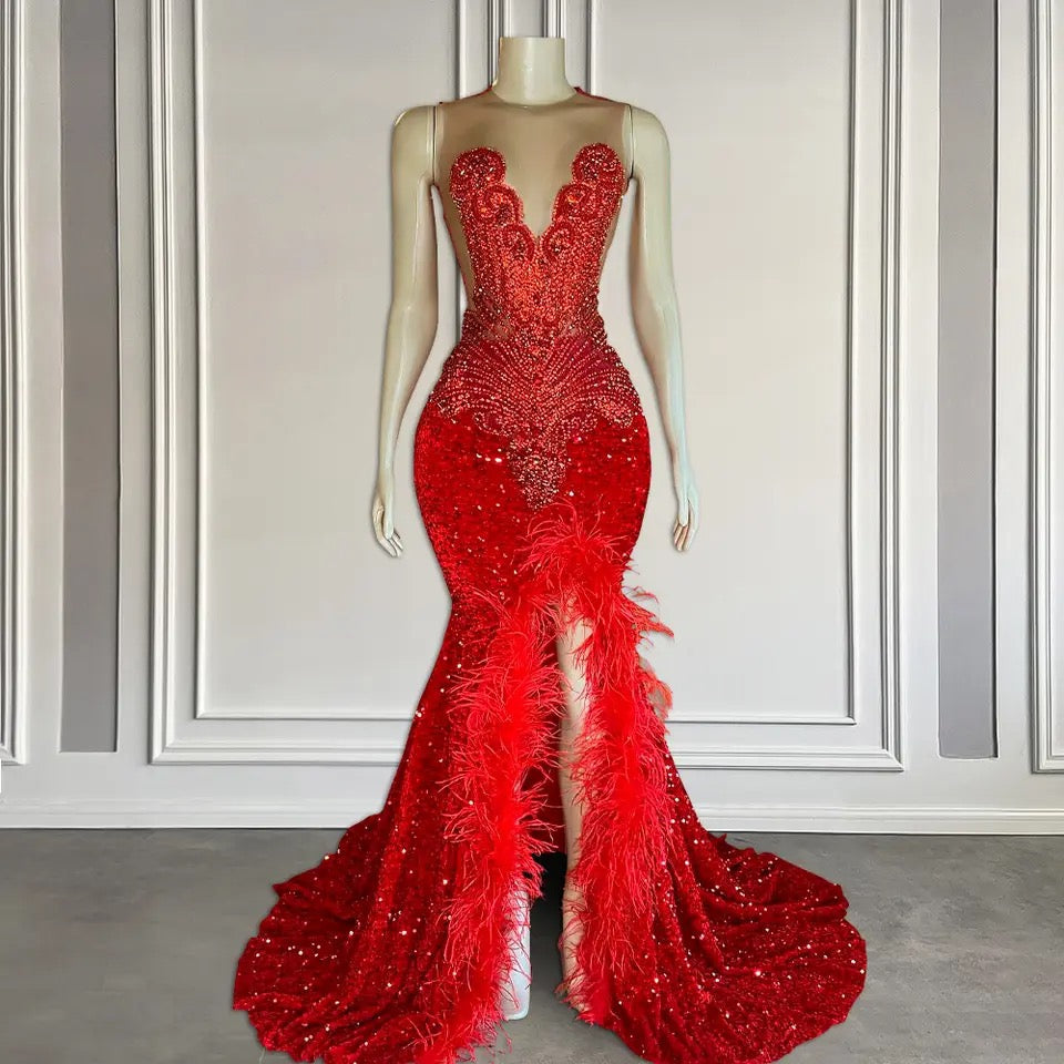 Red Long Mermaid Sequins Sleeveless Prom Dress with Split-showprettydress