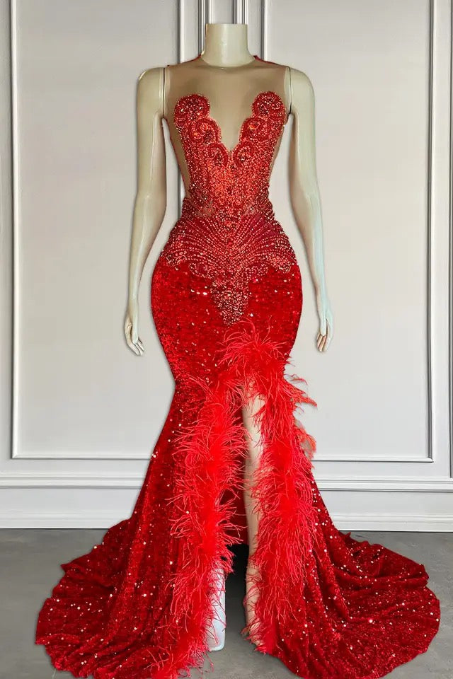 Red Long Mermaid Sequins Sleeveless Prom Dress with Split-showprettydress
