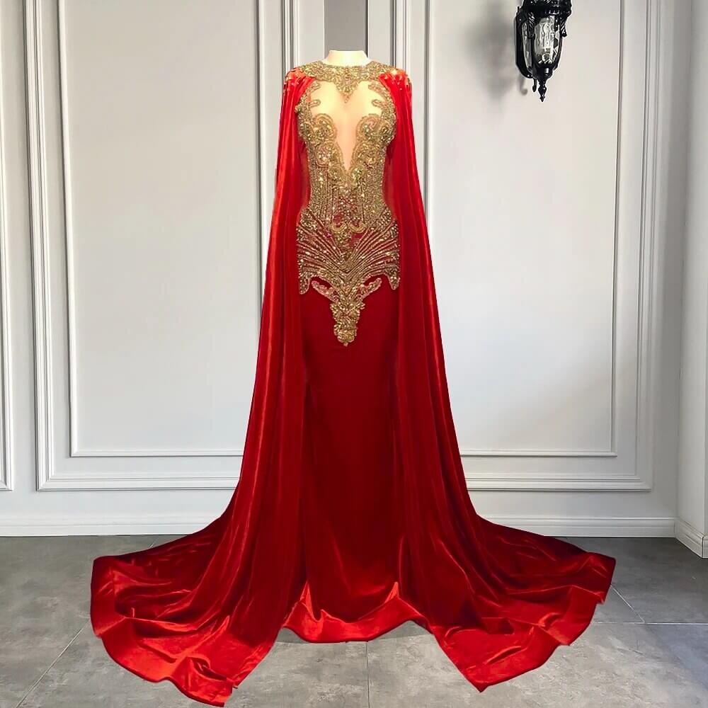 Red Long Scoop Neckline Beads Mermaid Prom Dresses with Cape-showprettydress