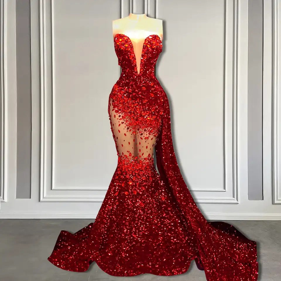 Red Mermaid Sweetheart Sequins Long Prom Dress-showprettydress